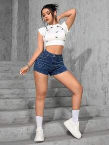 SHEIN ICON Quần short denim rách cạp chun gợi cảm kiểu cao bồi dành cho nữ cỡ lớn, trang phục mùa xuân. - Rửa tối - Xem 3