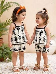 SHEIN [ 2 Pieces ] Baby Girl Aged 6 Months To 2-3 Years Old, Retro Rice White Background Black Pattern Geometric Floral Print+Black Border Decorative Suspender+Shorts, Thin Fabric, Elegant And Artistic Two Pieces Set For Beach Vacation/Daily Outdoor Summer Baby Girl's Clothing - Multicolor - View 7