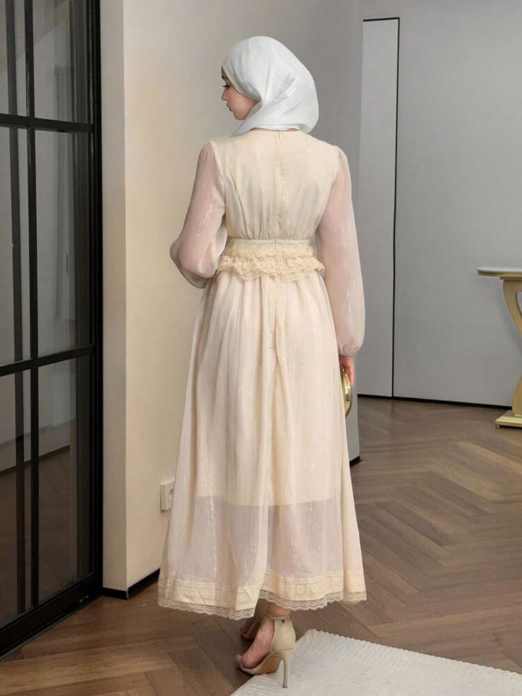 Women's Elegant Lace Patchwork V-Neck Petal Sleeve Long Dress, Spring/Summer,Wedding Guest Dress Women Sundress