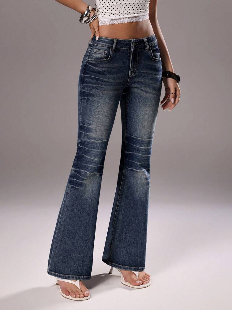 TRNVIE 女士口袋纽扣休闲百搭日常喇叭牛仔裤 - 藍色 - 查看 6