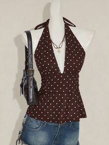 SHEIN ICON 女士度假波点印花荷叶边性感吊带背心 - 棕色 - 查看 6