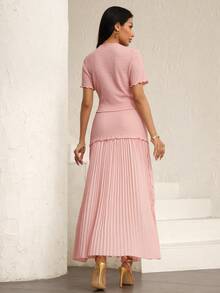 Modelyn 女士优雅粉色纹理短袖外套和百褶裙两件套 - 粉色 - 查看 3