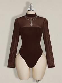 SHEIN ICON 大码 Y2K 性感网纱拼接连体衣 - 棕色 - 查看 1