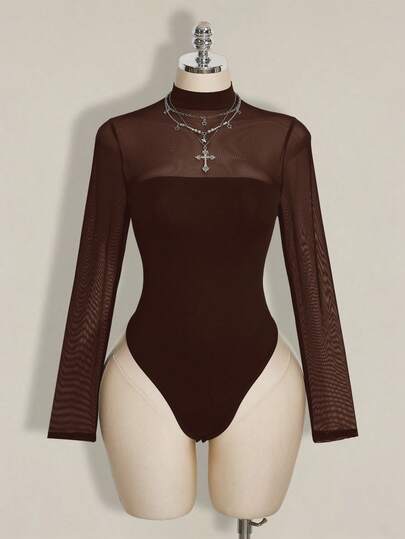 SHEIN ICON Plus Size Y2K Sexy Mesh Patchwork Bodysuit