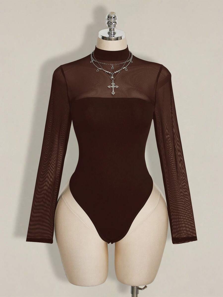 SHEIN ICON 大码 Y2K 性感网纱拼接连体衣 - 棕色 - 查看 1