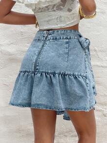 Sunnyshic Women's Casual Vacation Side Knot Denim Mini Skirt - Blue - View 2