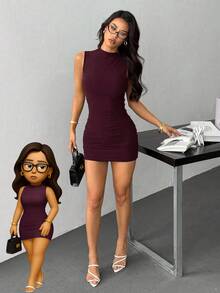 SHEIN PETITE Đầm ngắn dáng ôm không tay, xếp ly, màu trơn, cổ đứng, tối giản dành cho nữ, thích hợp cho mùa hè và Giáng sinh. - Màu Tím - Xem 8