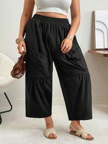 Vionelle Green Plus Size Casual Ruffle Hem Harem Capris Comfortable Breathable Woven Fabric Plain Pants - Green - View 5