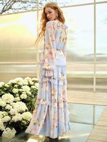 MOTF PREMIUM WOMEN'S ROMANTIC ELEGANT RUFFLE HEM FLORAL PRINT LONG SLEEVE DRESS, SPRING/SUMMER - Multicolor - View 3