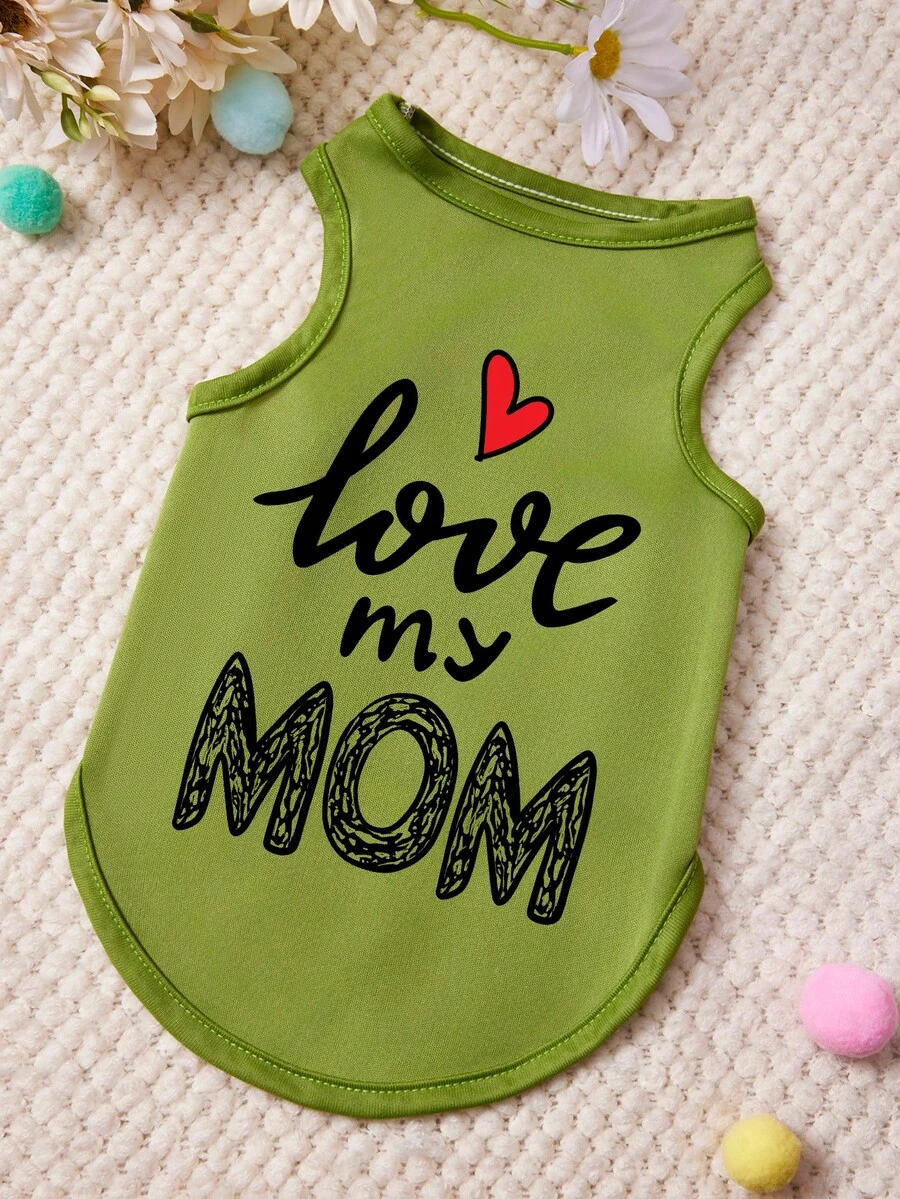 PETSIN 1件LOVE MOM爱心字母印花宠物背心 草绿色亲肤透气宠物衣服 - 綠色 - 查看 1
