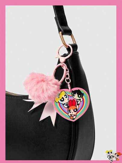 THE POWERPUFF GIRLS X SHEIN 1pcsThe Powerpuff Girls Rainbow Love Bag Hanging, Pink Double-Layer Bow Plush Hanging Decoration Cartoon Character Bag Pendant Girl's Heart