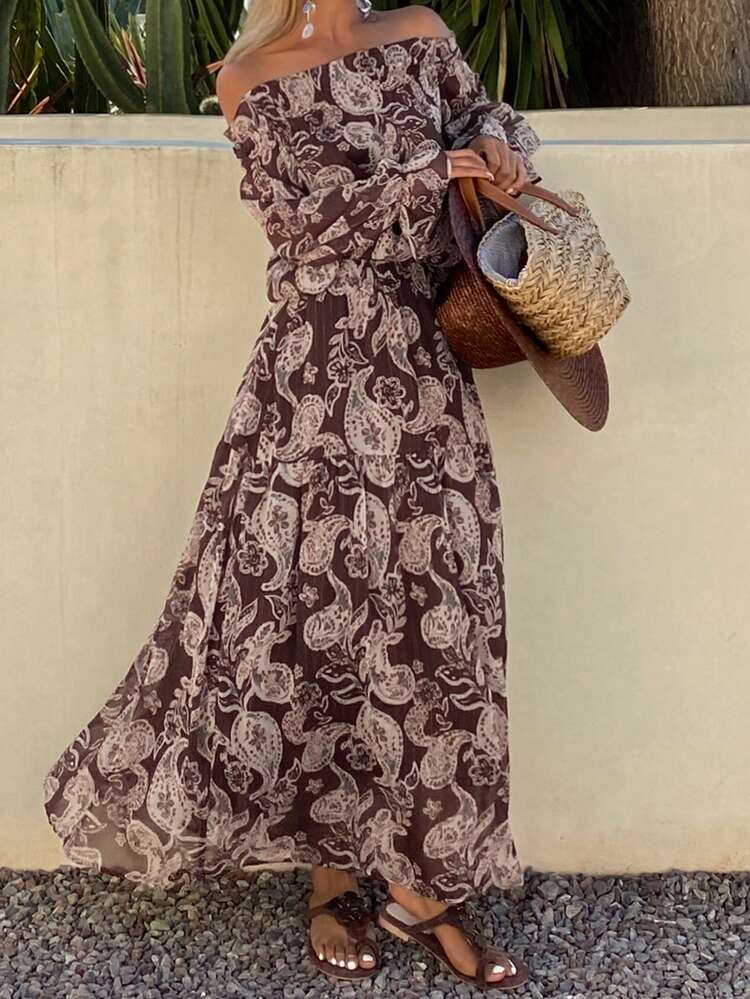 Floral Print Loose Off-Shoulder Ruffle Sleeve Blouse & Long Skirt Casual Vacation 2-Piece Set For Women, Spring/Summer