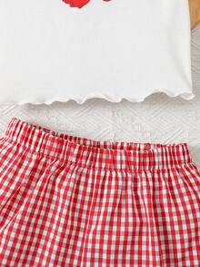 Tween Girls Kids Summer Squishy Floral Print White Knit T-Shirt + Loose Plaid Shorts 2 Piece Set, Casual Vacation Fashion Versatile, Matching Sister, Park Camping, Family Photo, Party, Daily Wear - Red and White - View 6