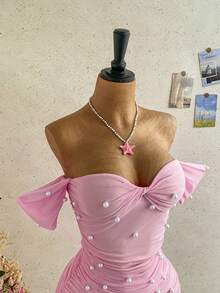 Soleia Vestido ajustado sin tirantes con escote descubierto de malla de punto para vacaciones - Rosa - Ver 5