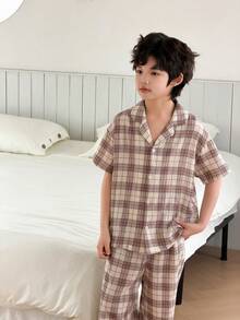 DAZY Tween Boys' Plaid Minimalist Casual Short Sleeve Pajamas - Apricot - View 2
