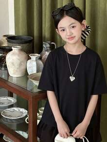 Dazy Kids 女童蝴蝶结装饰圆领针织短袖T恤，夏季 - 黑色 - 查看 2