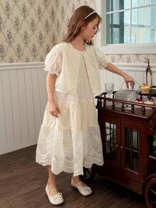 DAZY 女童花卉边饰外套连衣裙两件套，秋季 - 米色 - 查看 1