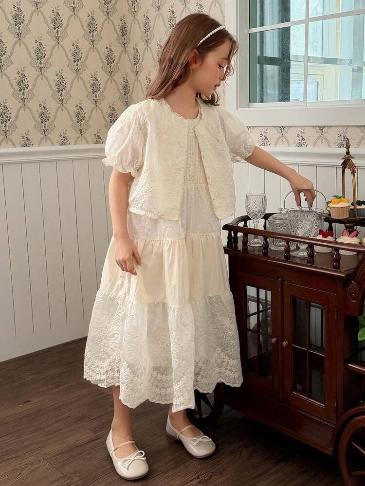 Girls Floral Trim Jacket & Dress 2-Piece Outfit, Fall