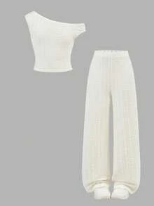 Firerie Kids 少女杏色纹理面料不对称肩部上衣+宽松长裤两件套，休闲时尚，百搭，适合派对、郊游、姐妹合照、公园、露营、度假、日常休闲等场合。 - 杏色 - 查看 11