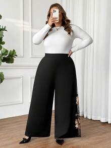 SHEIN CURVE+ Plus Size Women's Romantic Elegant Fashion Black High Waist Sequin Embroidery Mesh Patchwork Wide Leg Pants, Stretchy Knit Trousers - Black - View 7