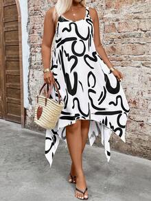 Breezaya Plus Size Women Asymmetrical Hem Floral Print Casual Vacation Dress - Black and White - View 4
