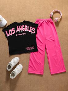 SHEIN Explorewe 2pcs Girls Printed T-Shirt And Matching Fuchsia Pants Set,Soft Comfortable Fabric,Pink,Summer,Cow Boy,School,Back-To-School,Fashionable Versatile - Hot Pink - View 2