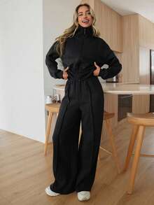 SHEIN WOMAN COSY TWO PIECES LOUNGEWEAR WITH DOUBLE SIDE ZIPPER - Black - View 6