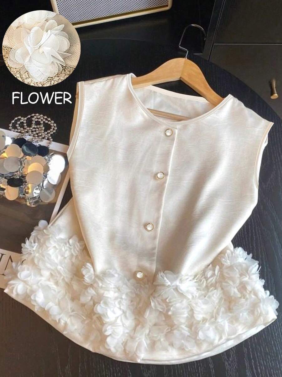 GlowEve Women's Casual Applique Front Button Sleeveless Shirt, Summer - Apricot - View 1