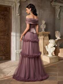 Aureia Elegant Luxury Vintage Off Shoulder Satin Patchwork Maxi Dress,Handcrafted Rhinestone Decor Tulle 3D Floral Design,Formal Gown For Weddings & Galas - Purple - View 9
