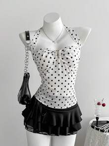 Elamini 白色波点贝壳系带露背吊带背心，优雅甜美可爱浪漫简约度假海滩休闲通勤复古日常百搭款 - 白色 - 查看 7