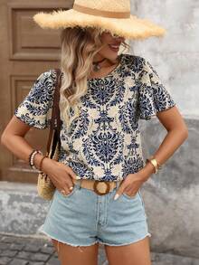 Brillora Blusa de cuello redondo con mangas con volantes, estampado floral de satén y mariposas para mujer, ideal para el verano y la playa - Albaricoque - Ver 6