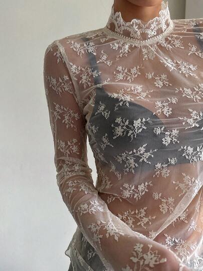 DAZY Women's Floral Mesh Stand Collar Long Sleeve Fashion Top,Going Out Tops For Women