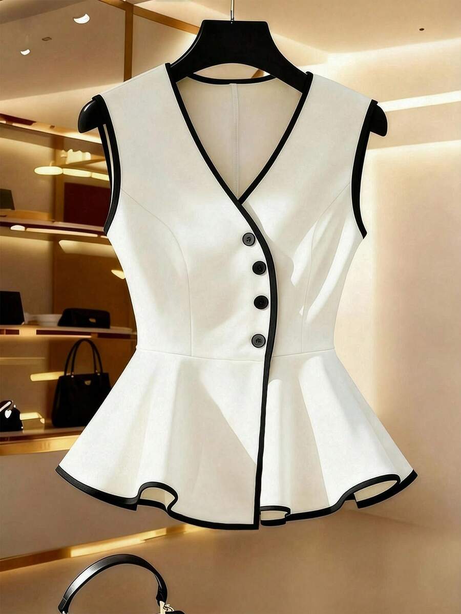 GlowEve Blusa casual sin mangas con cuello en V asimétrico y un solo botón, con volantes en el bajo, de color blanco con negro, elegante y estilizadora, para primavera/verano - Blanco - Ver 1