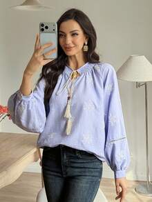 Vivie Lora Women's Embroidered Loose Striped Vacation Shirt Boho Long Sleeve - Blue - View 7