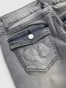 ROMWE Grunge Punk Quần jean ống loe cạp thấp ôm sát, họa tiết cổ điển Punk Chic dành cho nữ - Màu Xám nhạt - Xem 2