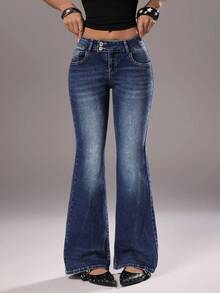 TRNVIE Double-Button Elastic Fitted Low-Waist Fashionable Flare Leg Jeans - Blue - View 4