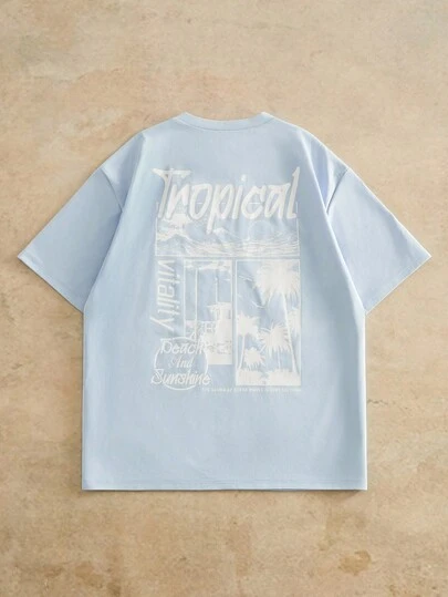HIMLAND Men's Casual Tropical Print Round Neck Short Sleeve T-Shirt ,Men's Light Blue Tropical Back Graphic Tee ,Summer Beach Vibe Palm Tree T-Shirt ,Vintage Surfing Style Oversized Shirt ,"Tropical" Letter Print Shirt Men ,Harajuku Style Loose Fit Graphic Tee ,Youthful Blue Boyfriend Style T-Shirt ,Tropical Palm Tree Back Print ,Light Blue Oversized Summer Beach Vacation Streetwear Tee , Light Blue Tropical Back Print Tee  ,Men's Short Sleeve T-Shirt  ,Back Print T-Shirt / Graphic Tee  ,Tropical Vacation Shirt  ,American Retro Tee  ,Light Blue / Sky Blue Shirt  ,Letter Print / Slogan Tee  ,Palm Tree Graphic Tee  ,Streetwear Hip Hop Tshirt