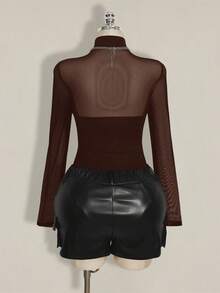 SHEIN ICON 大码 Y2K 性感网纱拼接连体衣 - 棕色 - 查看 3