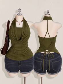 SHEIN ICON 加大码 2 件套 西式女士外出夏季波西米亚风露背棕色吊带背心和吊带衫 - 軍綠色 - 查看 2