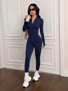 SHEIN PETITE 3件組棕色針織女款運動套裝，適合瑜伽、跑步、健身、日常穿著，秋冬女款3件式運動緊身褲套裝，適合嬌小女性 - 藏蓝色 - 查看 3