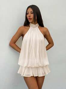 SHEIN PETITE Đầm ngắn không tay, cổ buộc dây, màu vàng nhạt thanh lịch, thích hợp cho tiệc tùng, hẹn hò, mùa thu/đông và xuân/hè. - Màu be - Xem 4