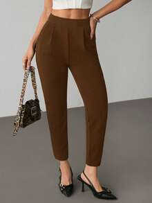 SHEIN PETITE Quần lửng nữ màu đen co giãn có túi - màu nâu - Xem 1