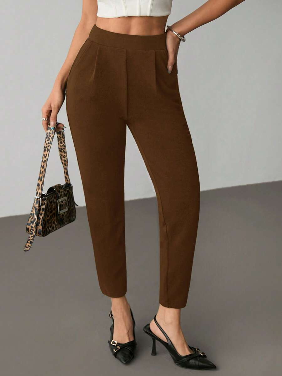 SHEIN PETITE Quần lửng nữ màu đen co giãn có túi - màu nâu - Xem 1