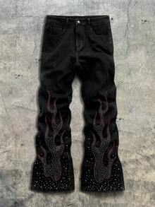 AXEPEAK Pantalones de moda con adornos de rhinestones lavados para hombre - Negro - Ver 6