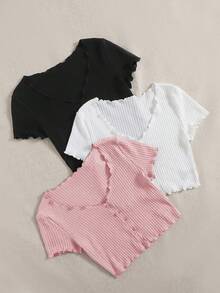 SHEIN EZwear Áo thun nữ cổ chữ V dệt kim có cúc và viền bèo nhún, nhiều chiếc - Bụi hồng - Xem 4
