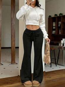 SHEIN EZwear Quần ống loe dệt kim tối giản màu đen dành cho nữ, có dây rút ở eo. - màu đen - Xem 4