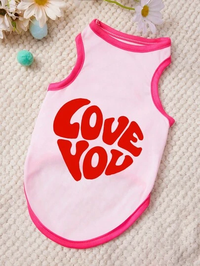 PETSIN 1件红色字母“LOVE YOU”印花宠物背心，浅粉色拼接玫瑰红滚边，亲肤透气宠物服装