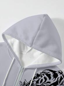 Manfinity 男士连帽拉链卫衣，休闲套头衫，日常通勤，学生装，青春运动风，百搭，虎纹印花设计，秋季款 - 淺灰色 - 查看 3