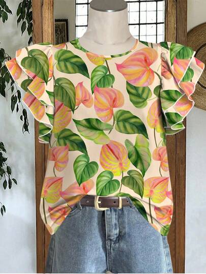 EMERY ROSE Blusa Casual de Férias Feminina com Estampa Floral e Babado na Barra