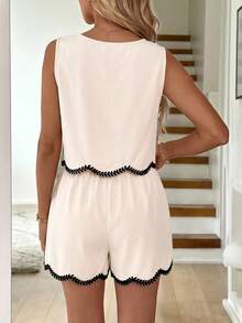Easowa Damen Lässig einfarbiges Rüschenbesatz besticktes Blumen-Ärmelloses Top und Shorts 2-Teiliges Set, geeignet für Sommerurlaub und Alltagstragen - Khaki - Übersicht 2